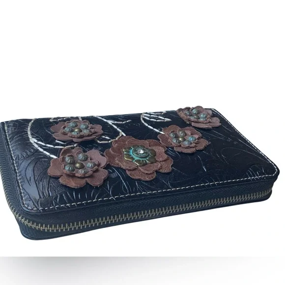 MONTANA WEST Southwestern Floral Turquoise Brown Black 3D Floral Flowers Wallet - Picture 7 of 16